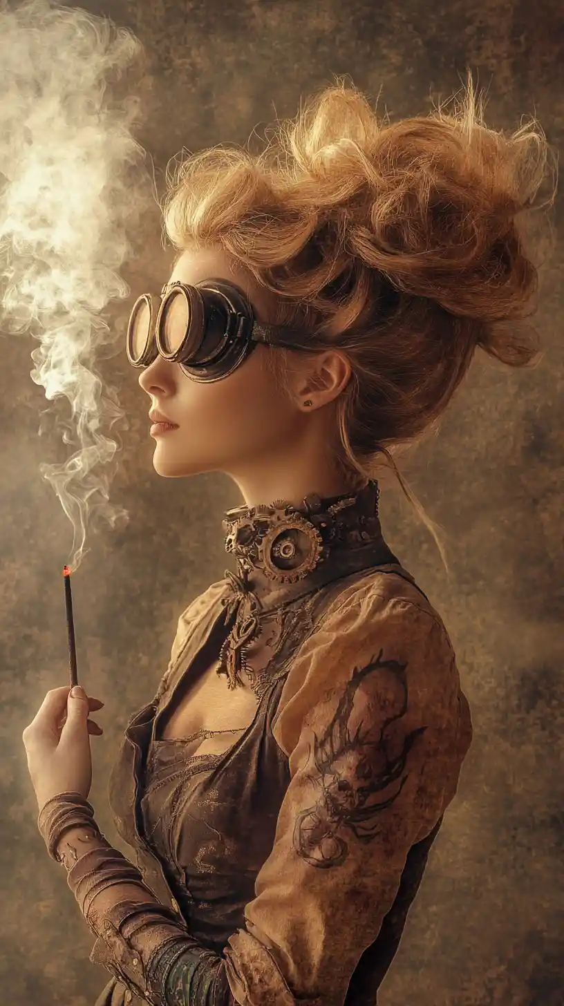 Steampunk woman in profile with incense and golden smoke
