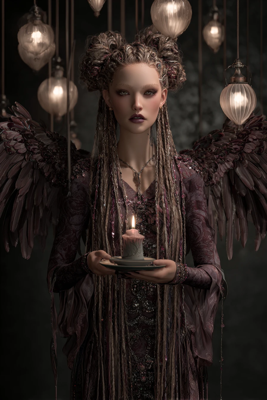 Whimsical fairy with jeweled wings holding a glowing candle