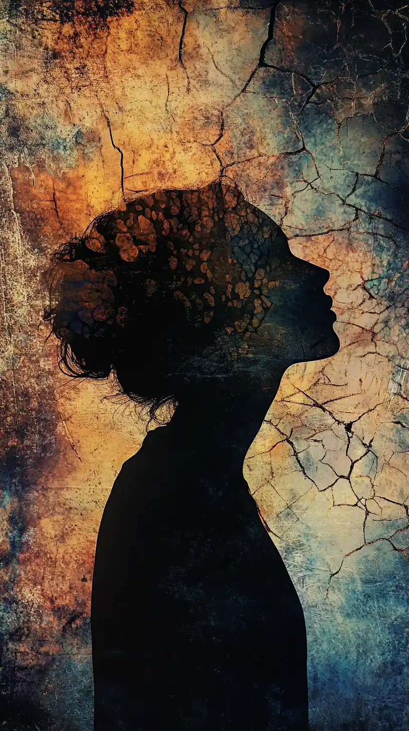 Contemplative female silhouette in dreamy abstract textures