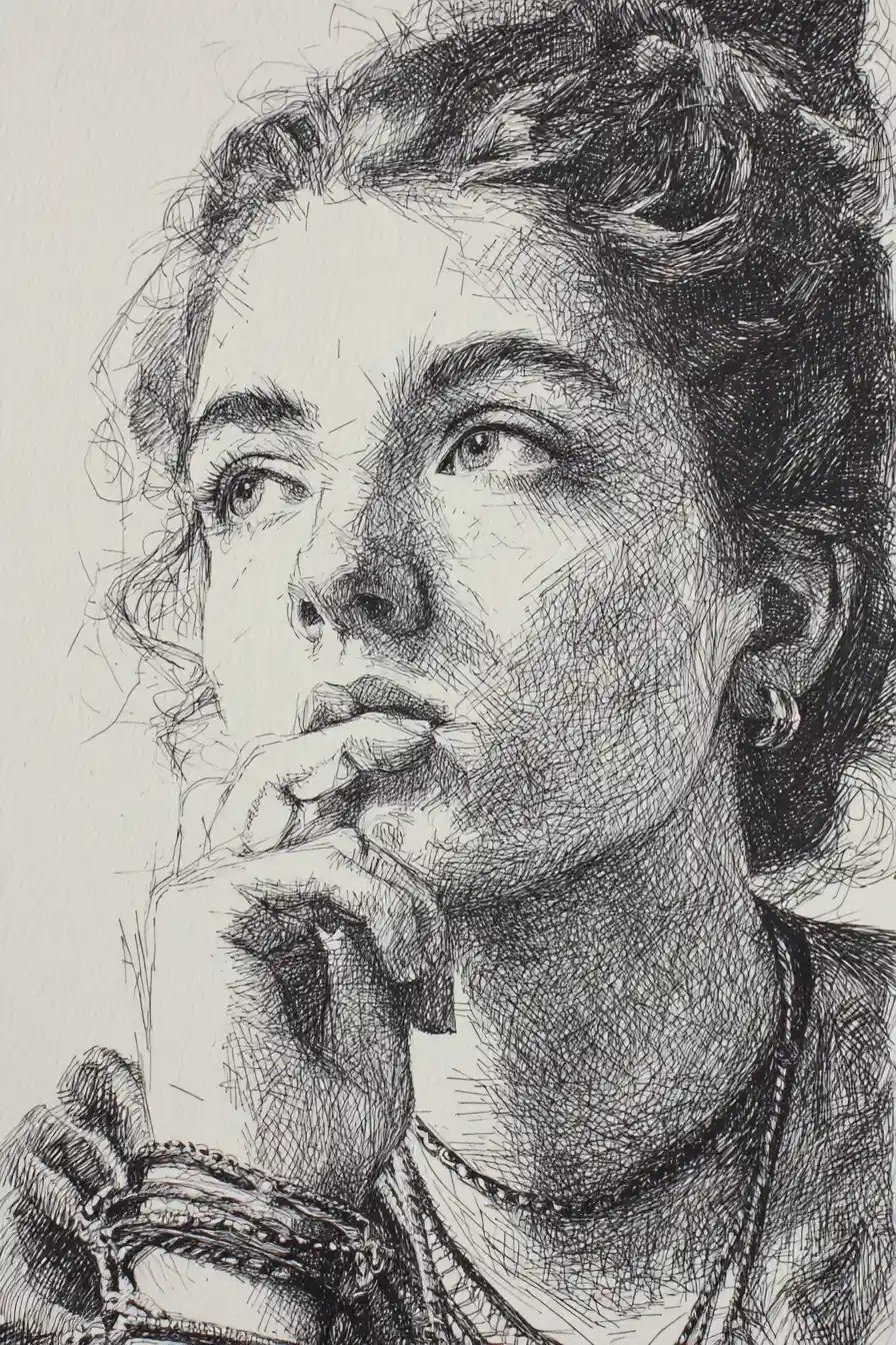 Pensive woman portrait in detailed ink cross hatching