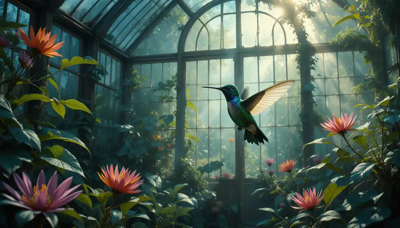 Hummingbird Hovering In A Lush Overgrown Greenhouse