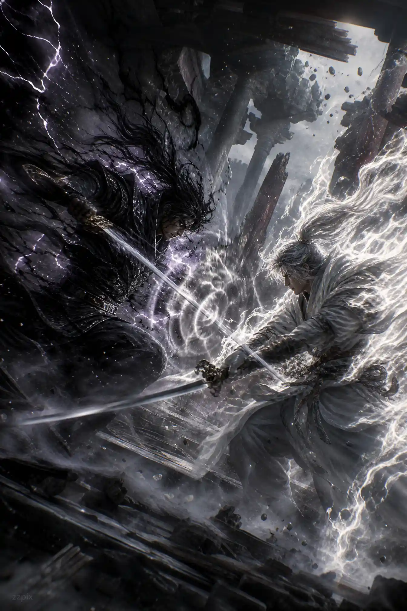 Two elemental warriors clashing in a collapsing temple