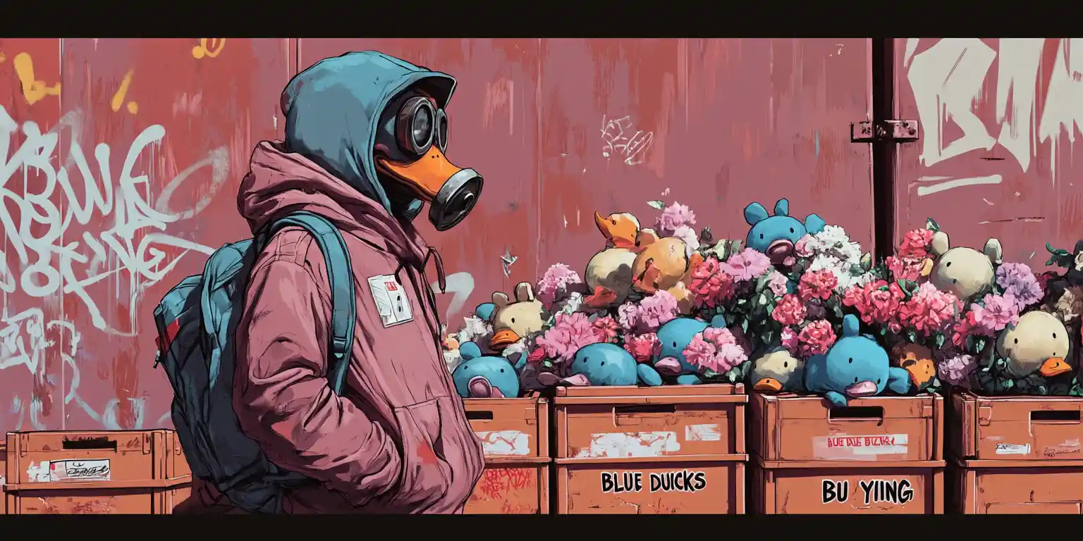 Man in duck gas mask standing in urban shipping yard