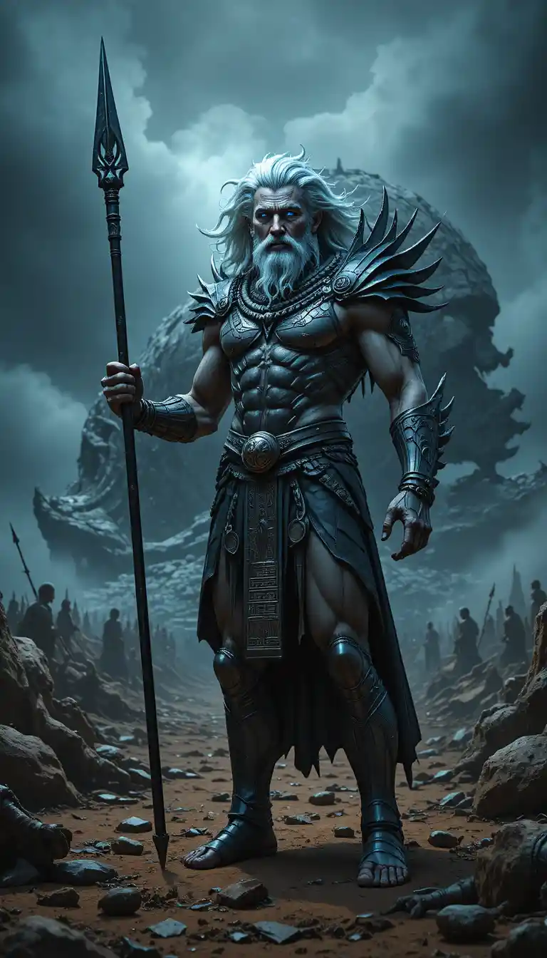 Defiant warrior king standing on an ancient mythic battlefield