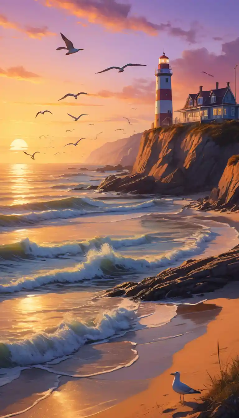 Serene sunset beach with distant lighthouse and soft waves