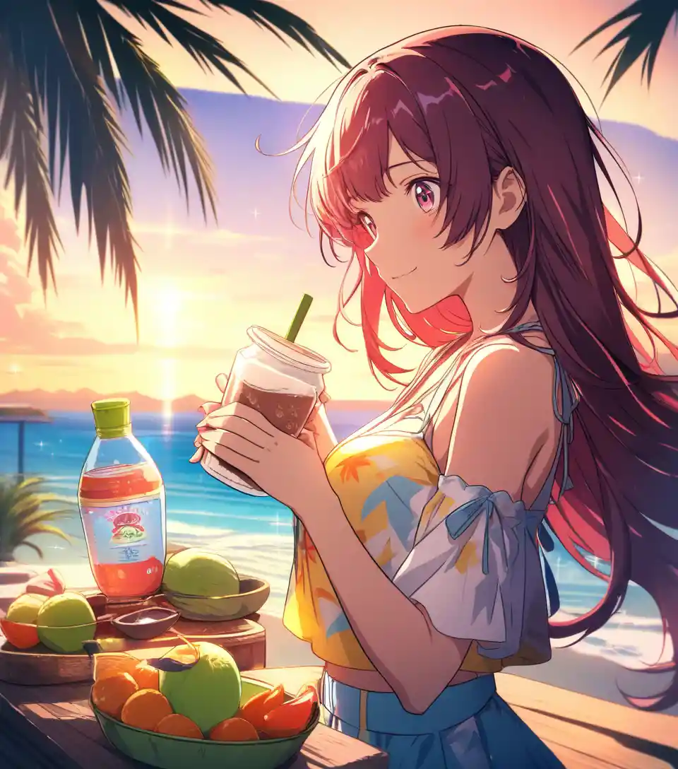 Cheerful anime girl making coconut drinks at beach kiosk