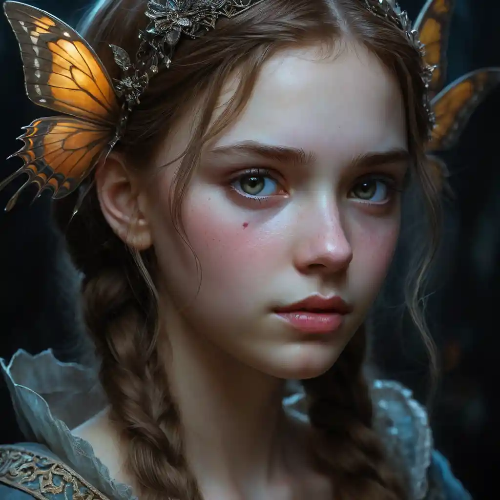 Somber fantasy portrait of a young fairy tale girl