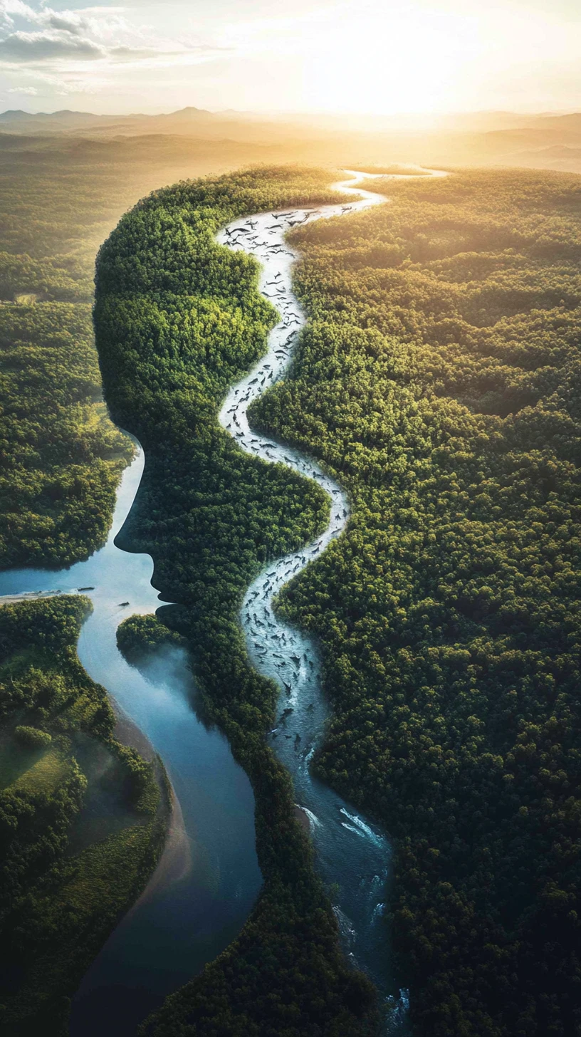 Paisaje fluvial surrealista que forma un retrato humano oculto