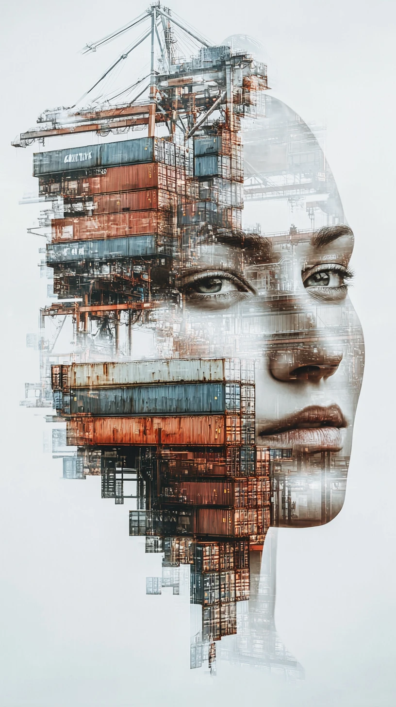 Surreal portrait woven from global trade routes and structures