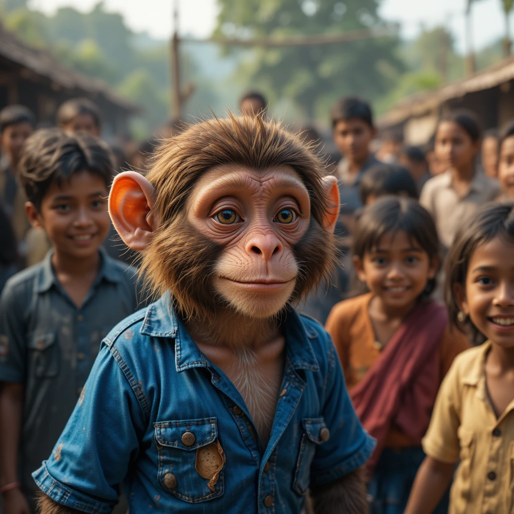 Monkey In Torn Blue Shirt Smiling With Village Children