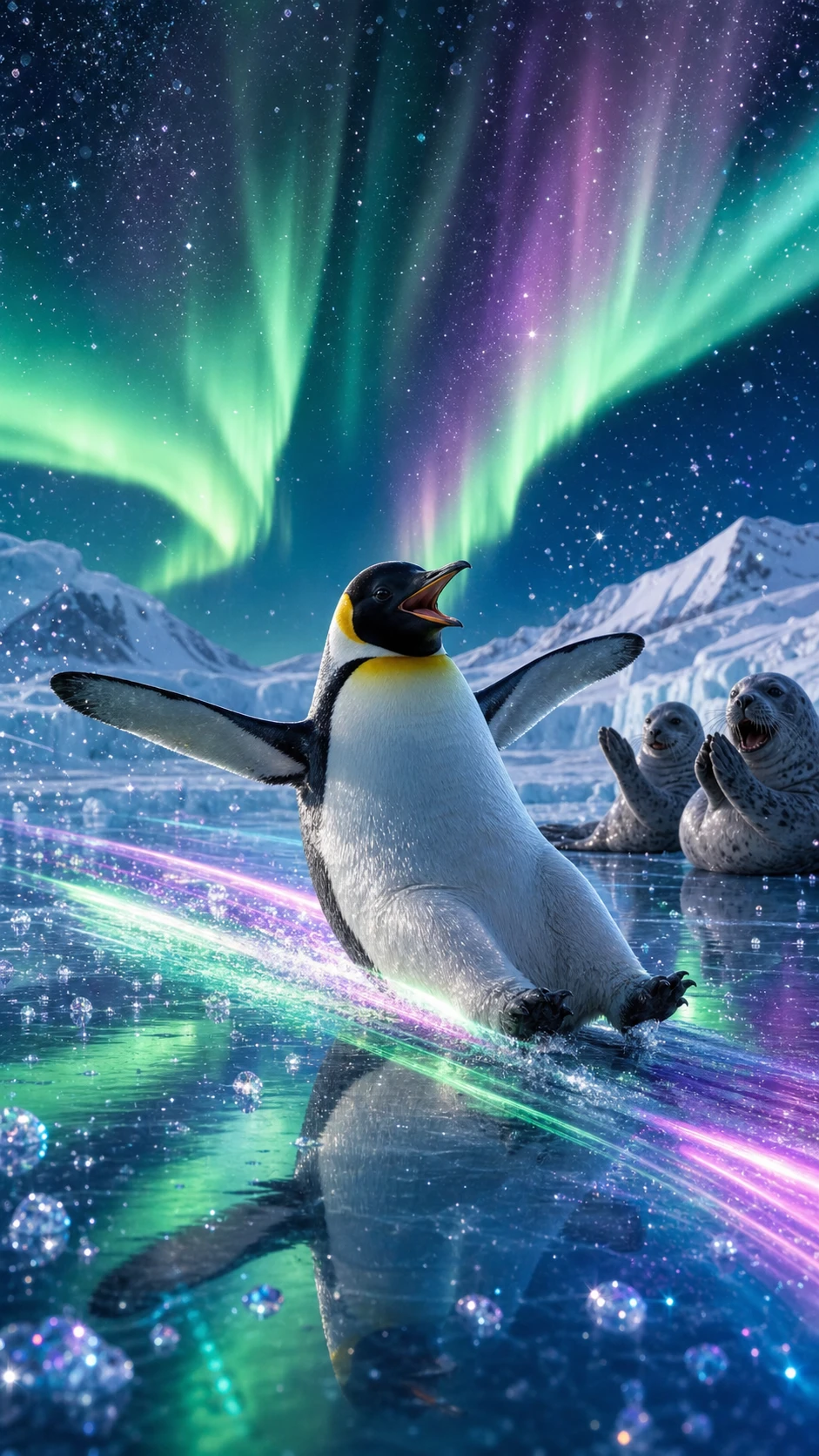 Emperor Penguin Sliding Across Ice Under Vibrant Auroras