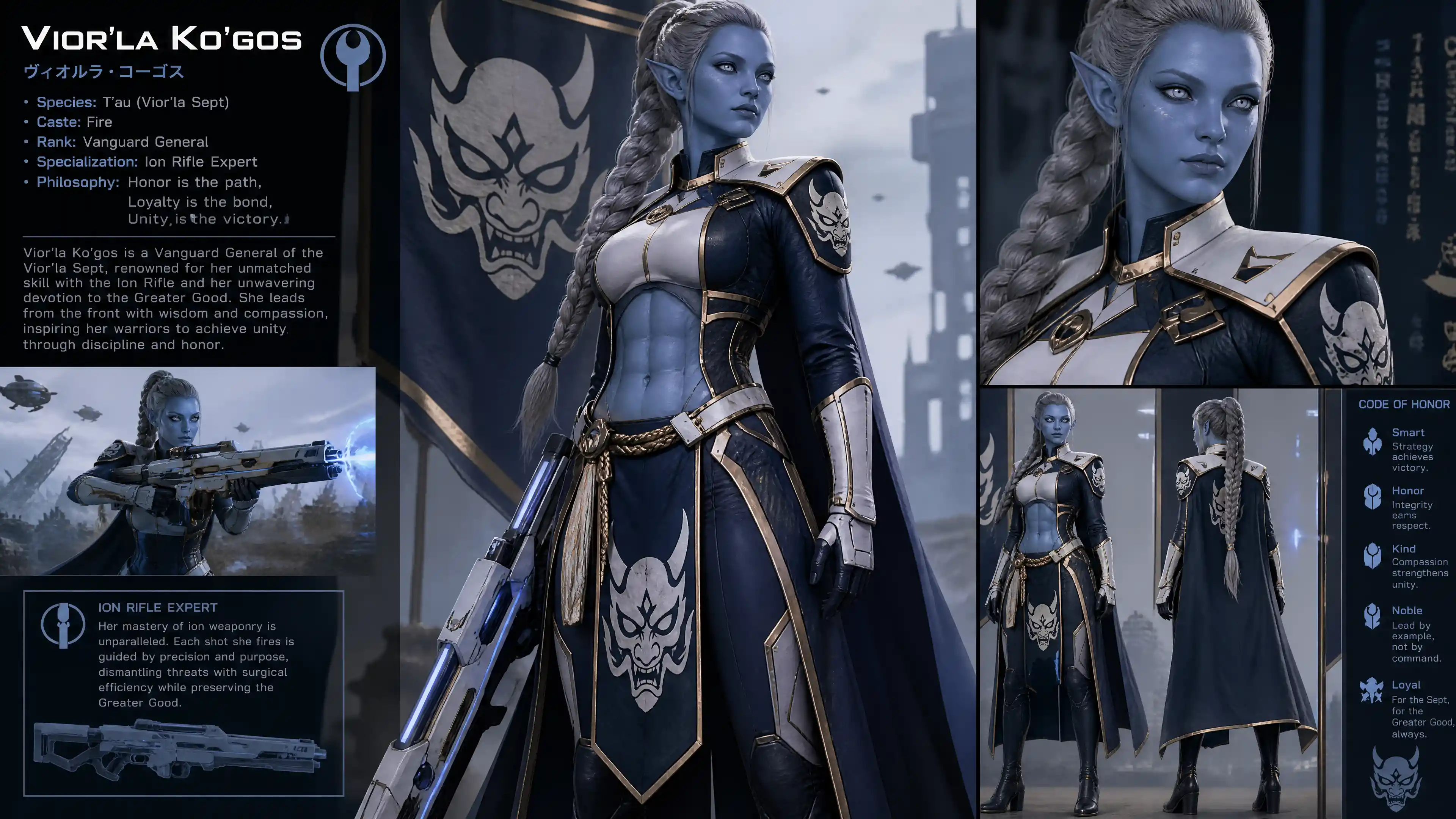 Blue skinned sci fi woman warrior in ornate uniform