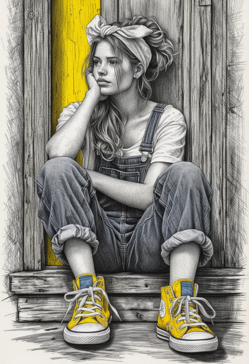 Pensive girl in ink sketch sitting in rustic doorway
