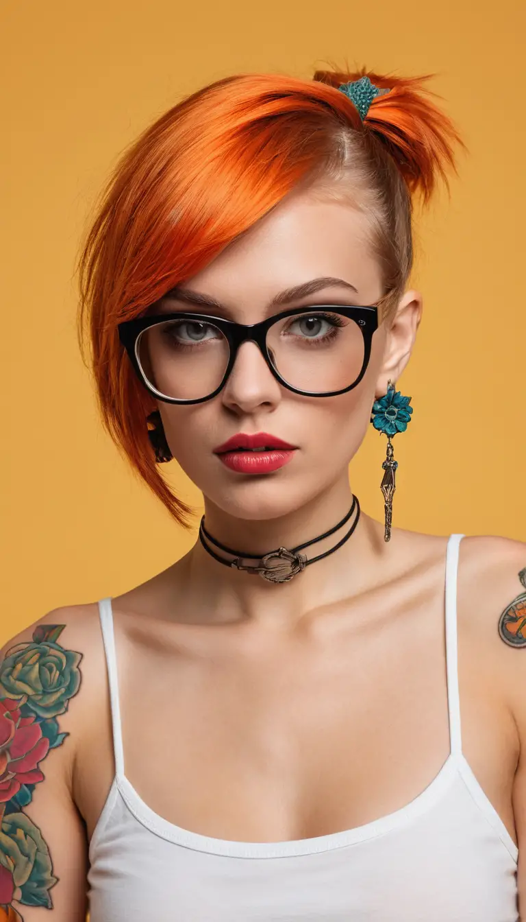 Tattooed woman in red top on white bed linens