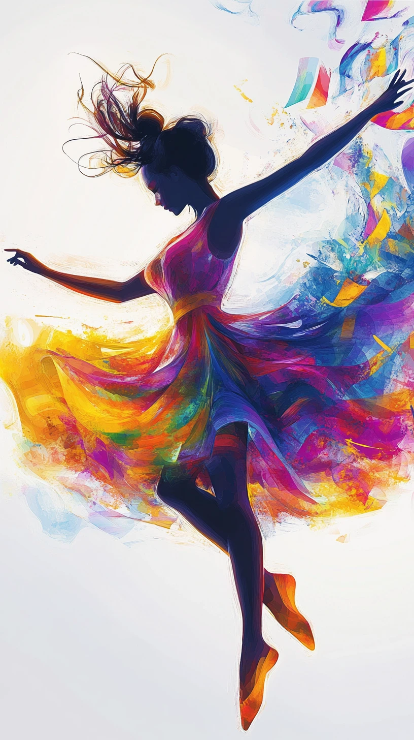 Dancing woman in swirling rainbow ink dress