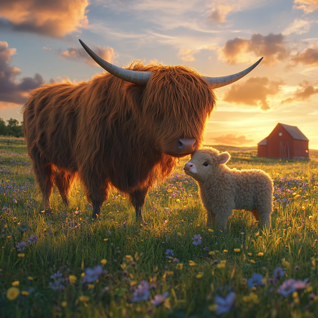 Highland cow and calf at sunset in green farm field