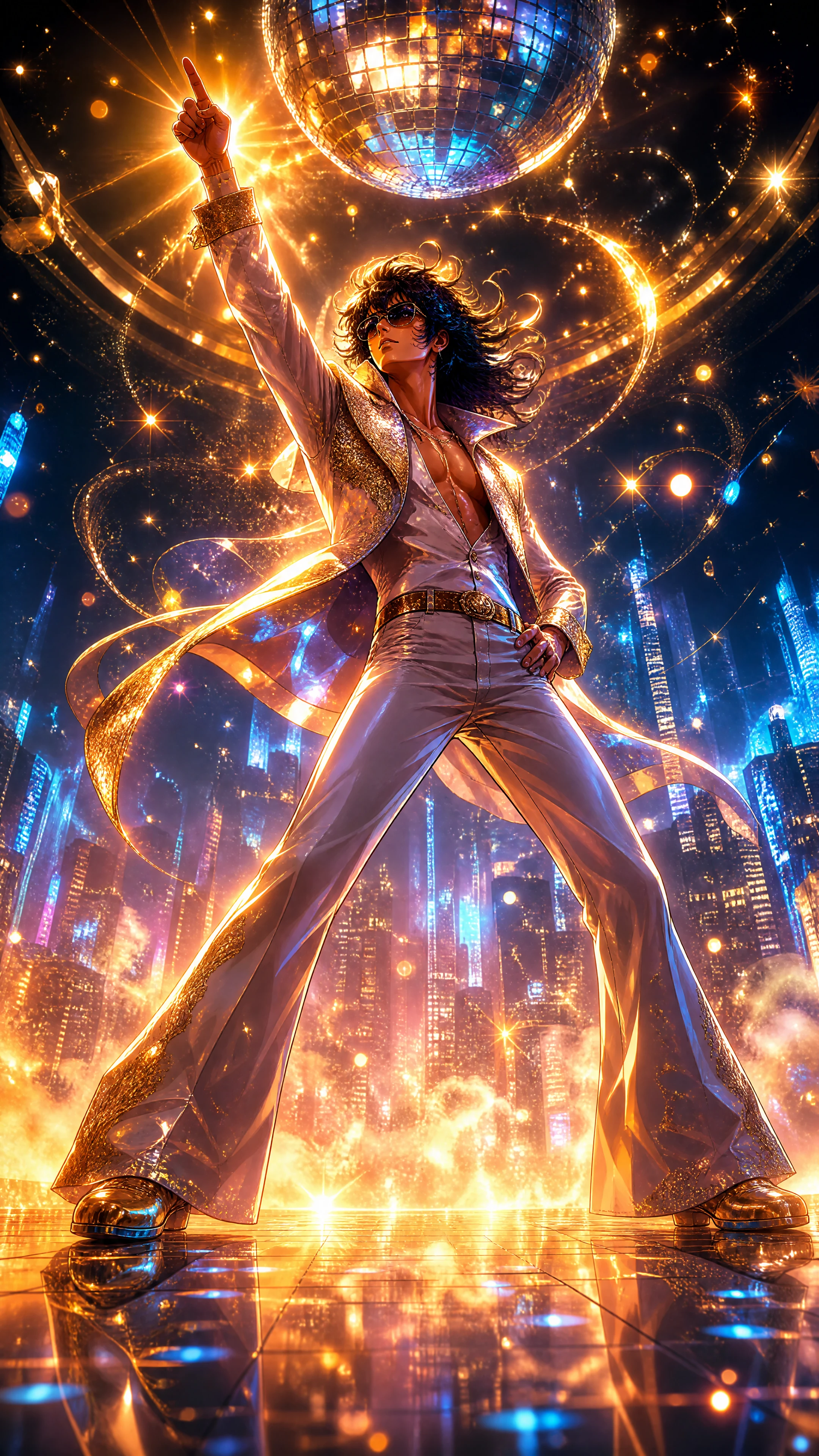 Carismático hombre disco de anime bajo las luces de neón de la ciudad
