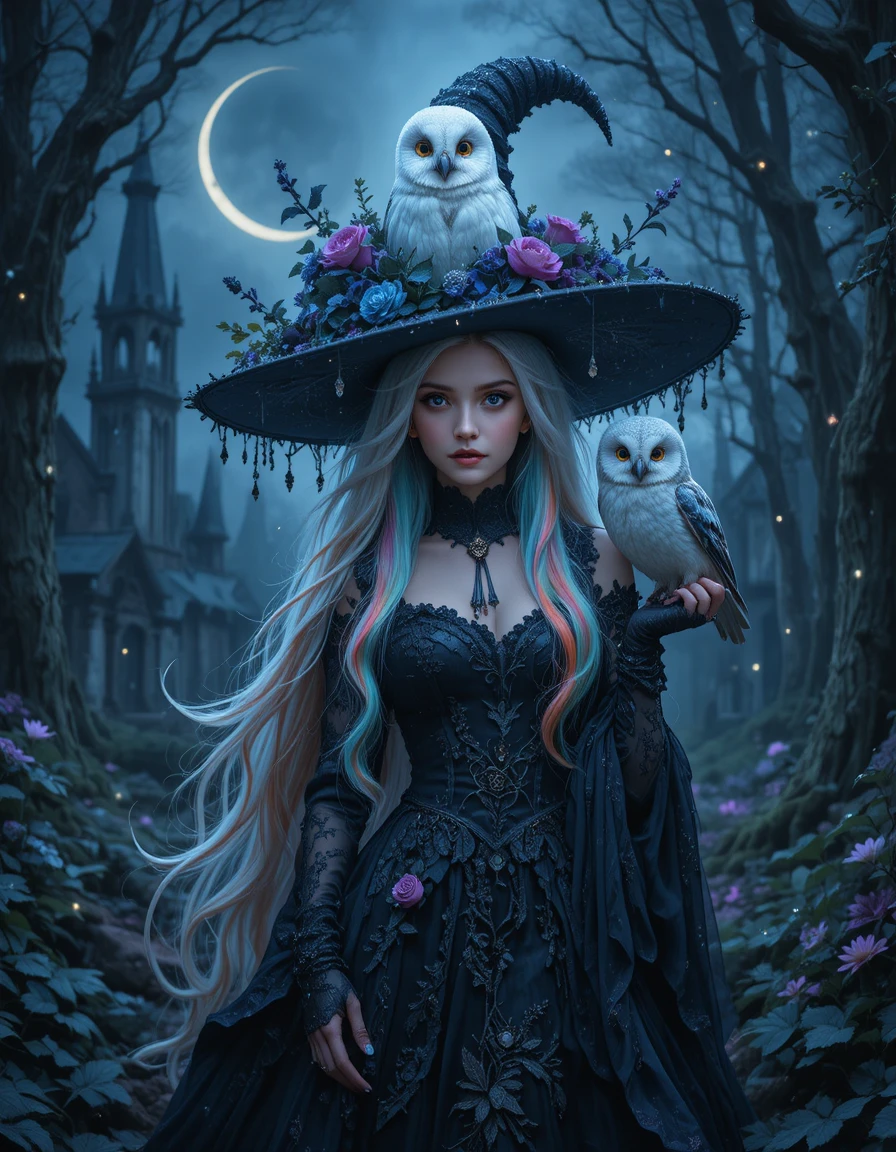 Mystical rainbow haired witch with owls in moonlit forest