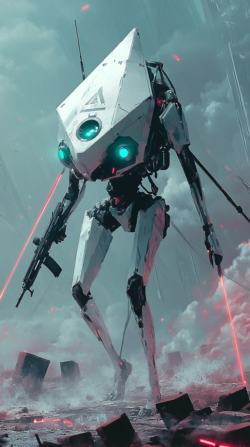Futuristic combat robot running across a neon lit battlefield