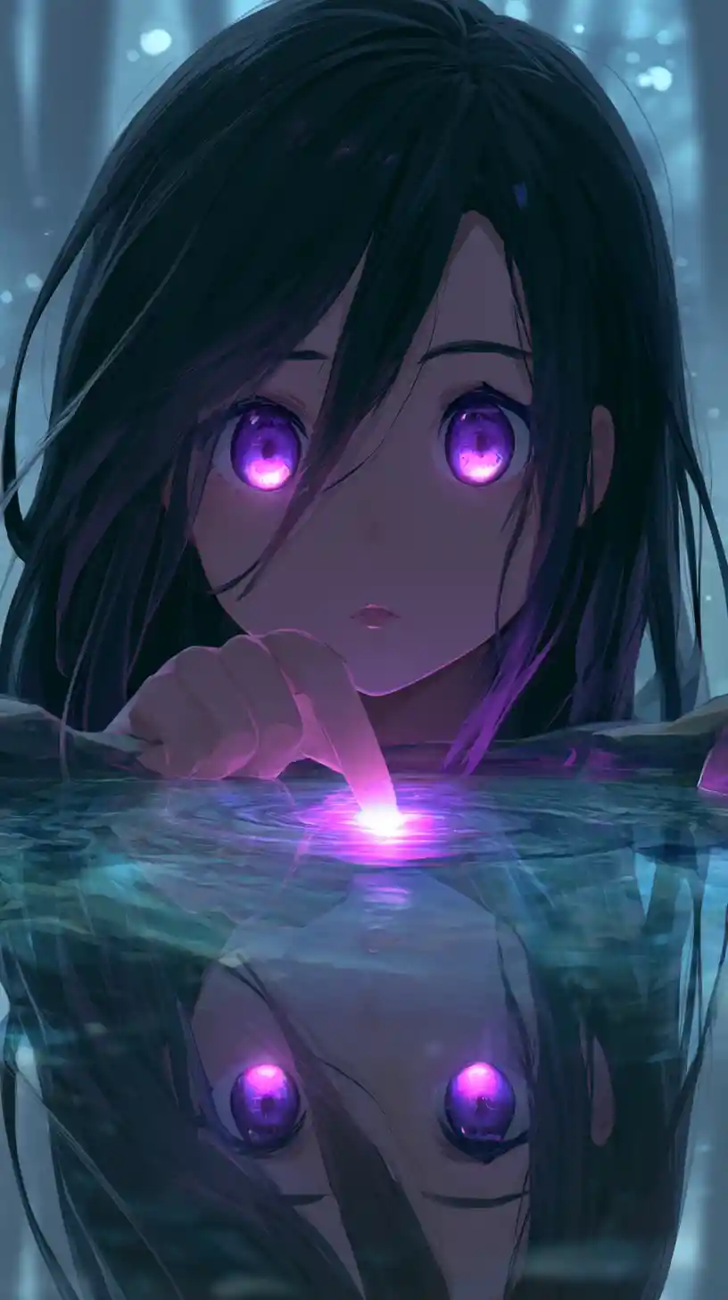 Anime girl touching a glowing ripple in forest water