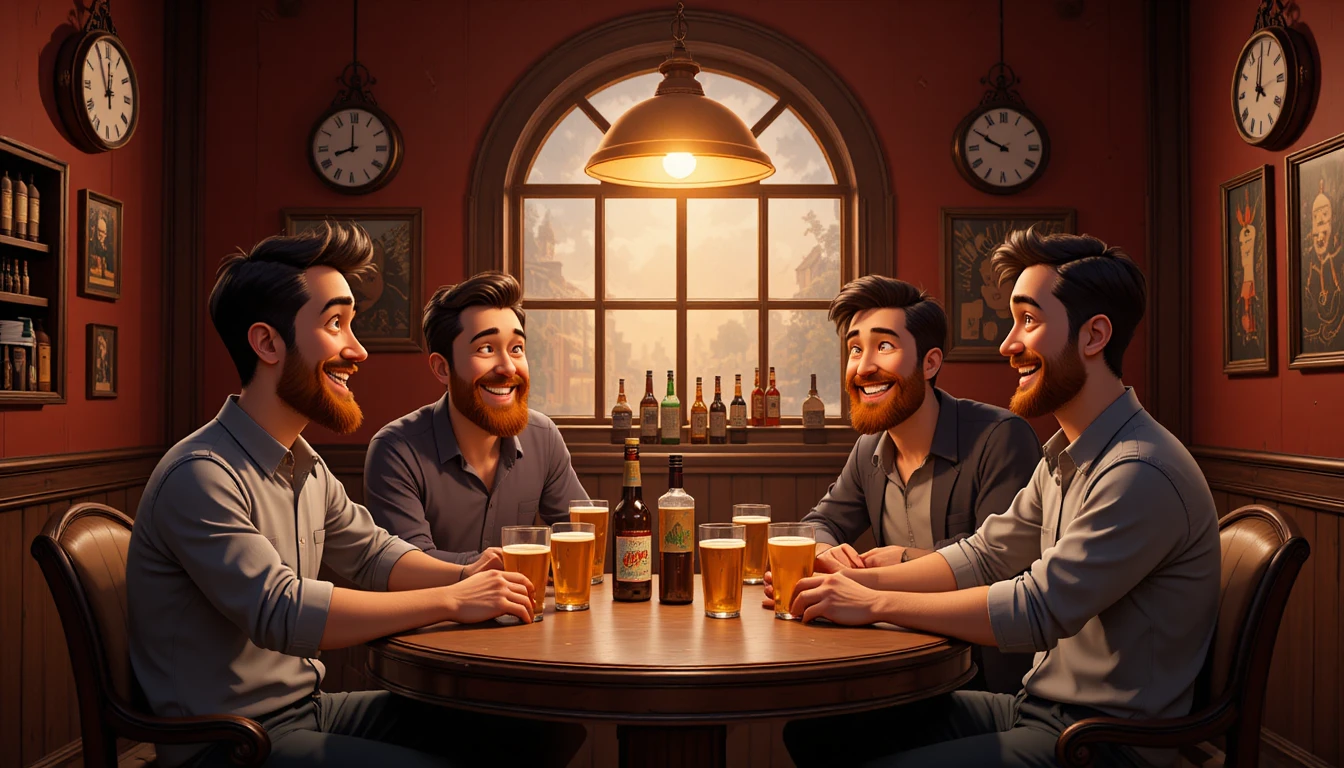 Four friends talking at a round table in a warm tavern