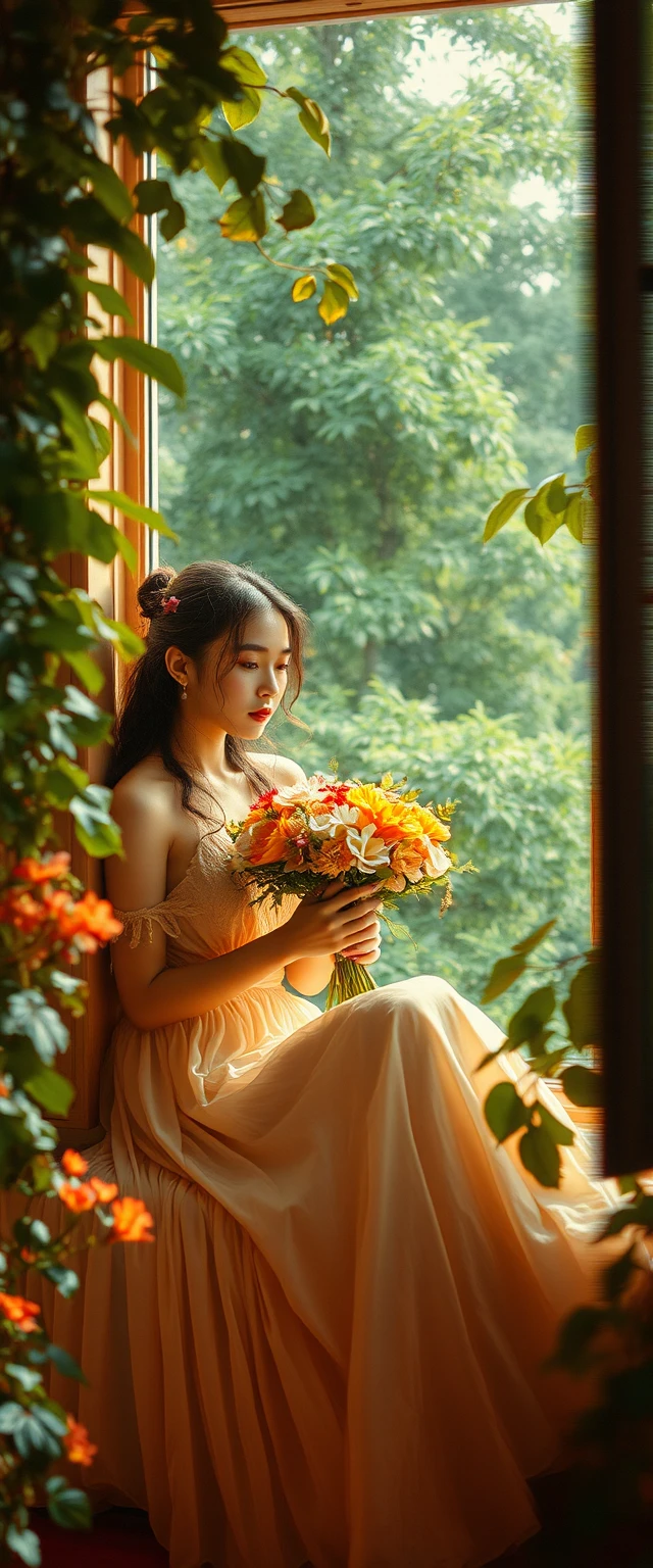 Young woman by window with flowers in soft summer light