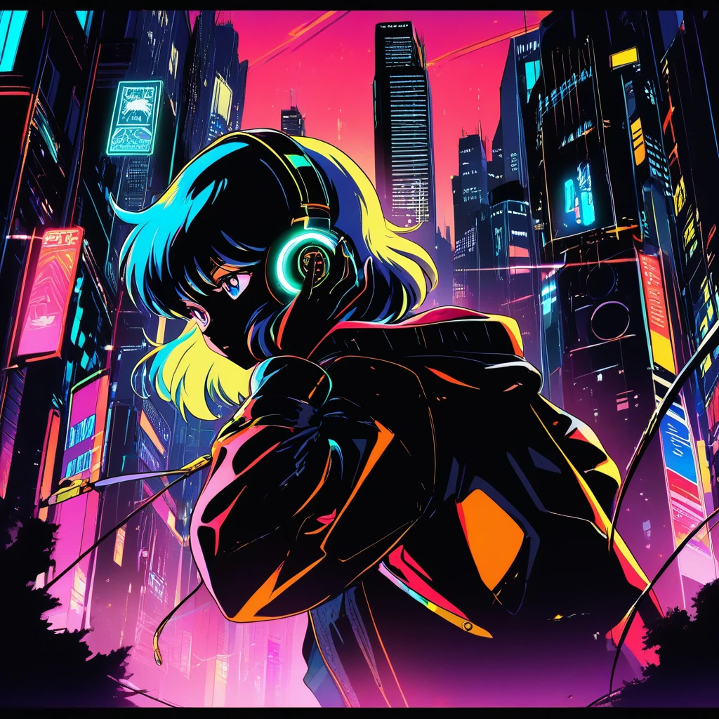 Anime girl with headphones in neon sunset cityscape
