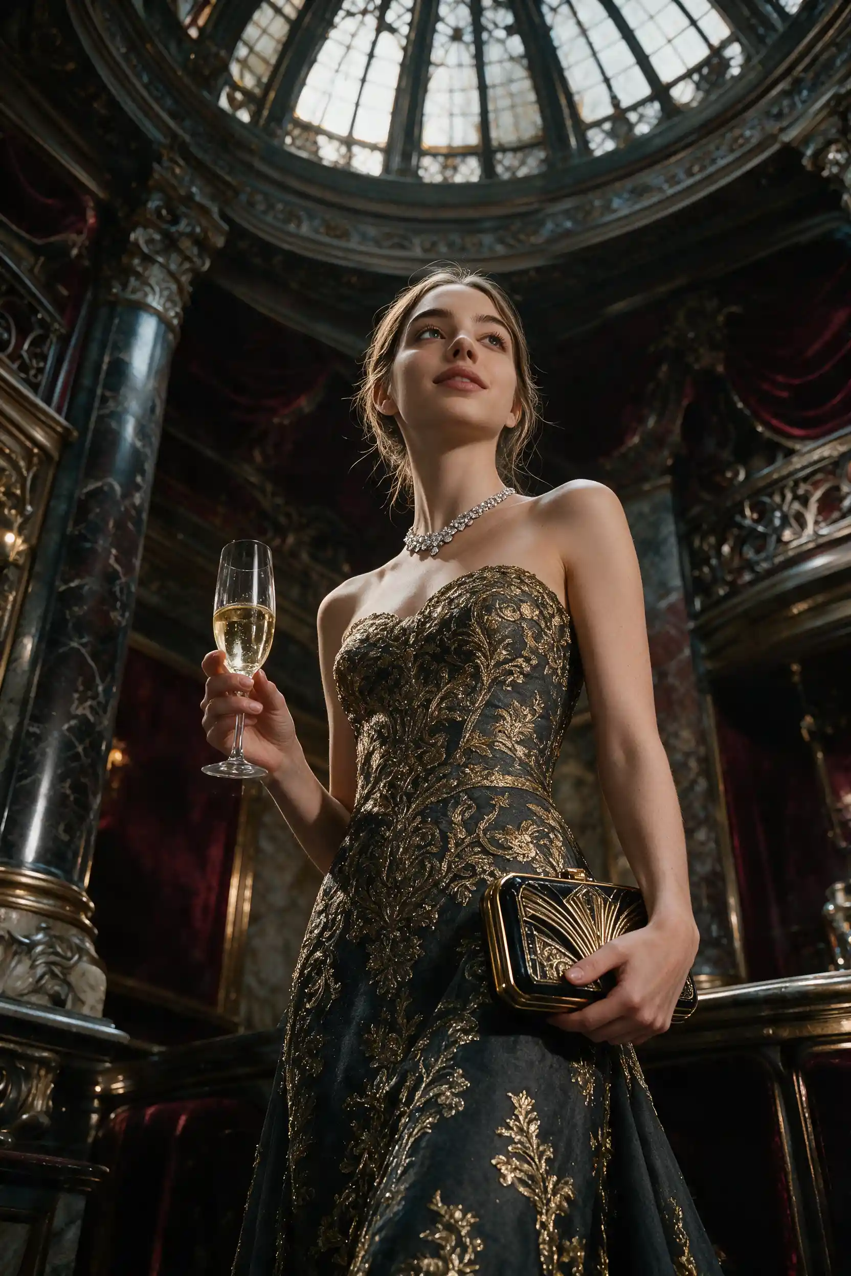 Elegant woman in gold embroidered evening gown with champagne
