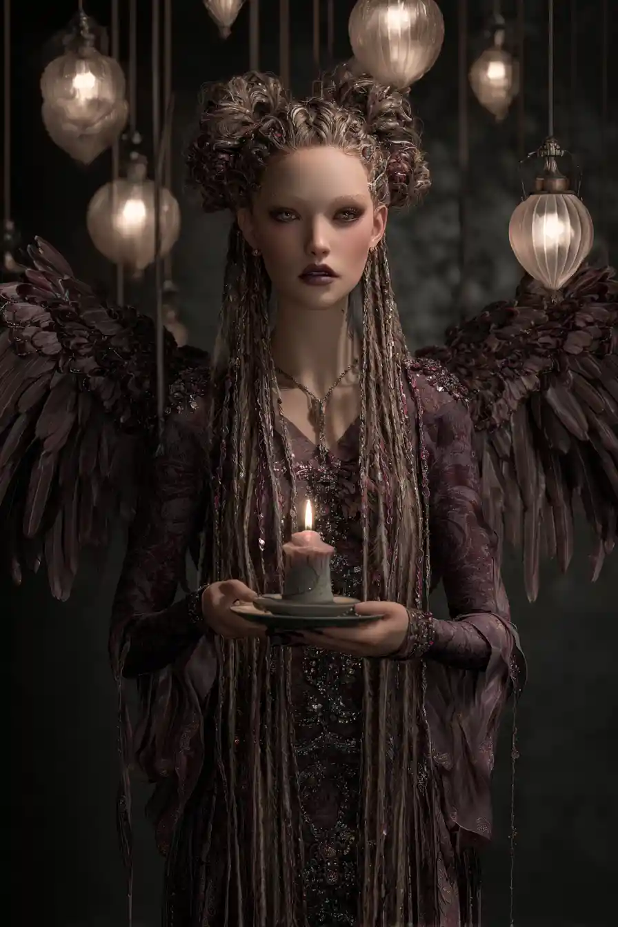 Whimsical fairy with jeweled wings holding a glowing candle