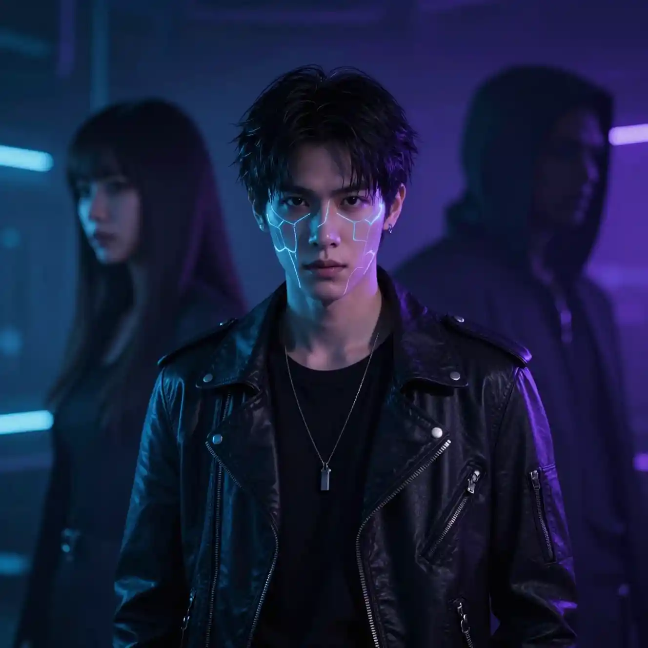 Cyberpunk Thai heroine in neon lit sci fi esports arena