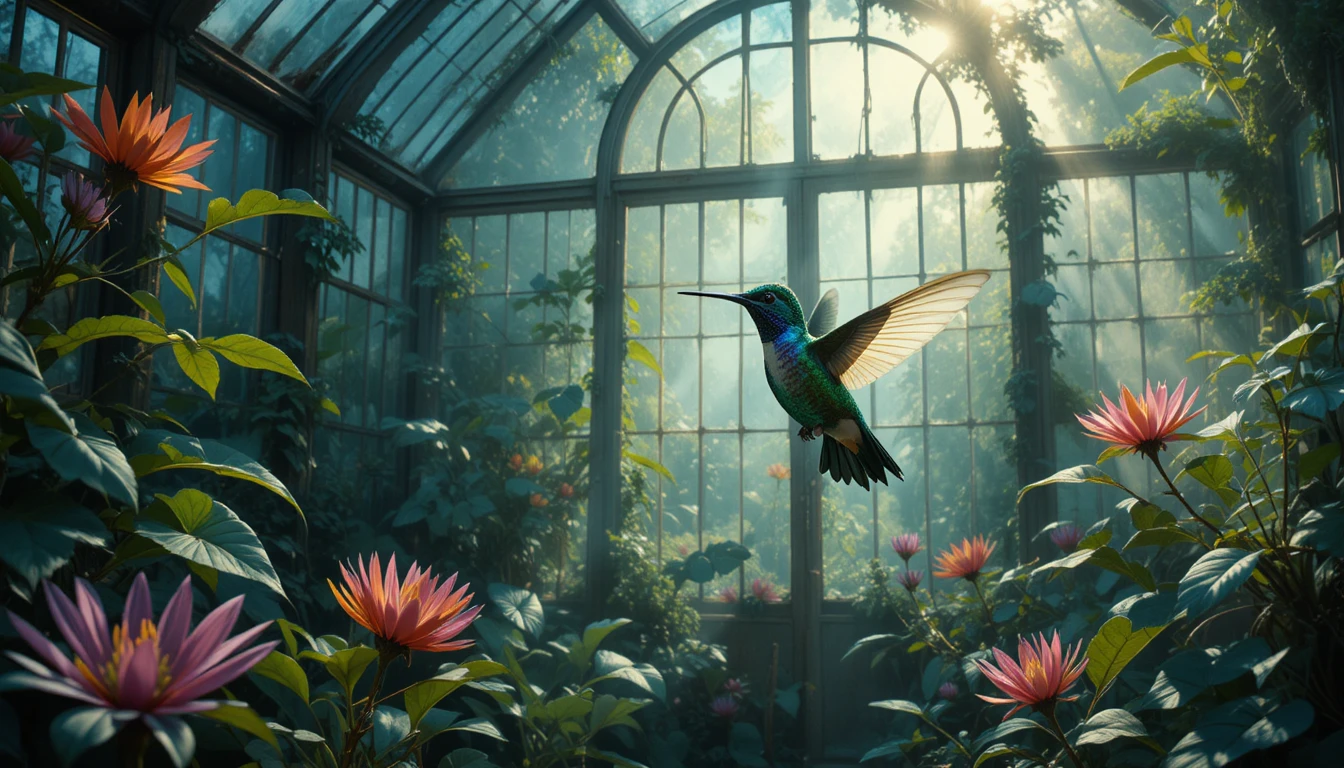 Hummingbird Hovering In A Lush Overgrown Greenhouse