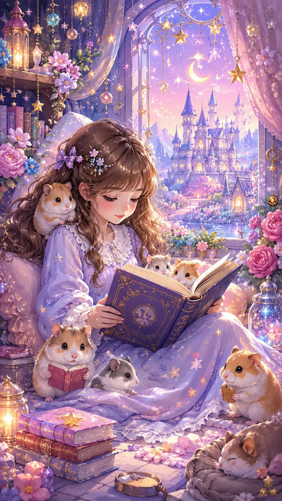 Young girl reading with hamsters in dreamy fantasy world