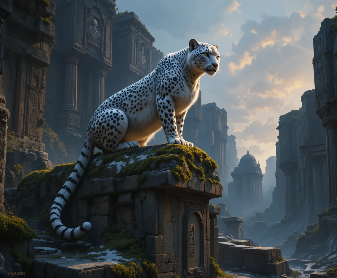 Snow leopard on ancient ruins at twilight in concept art