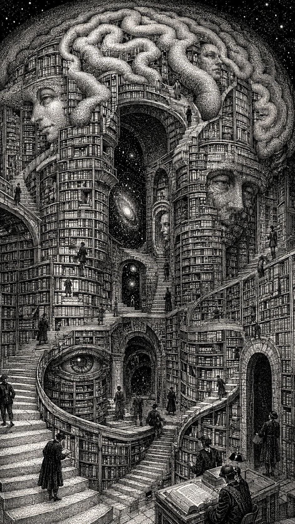 Vast ink drawn library forming the folds of a human mind