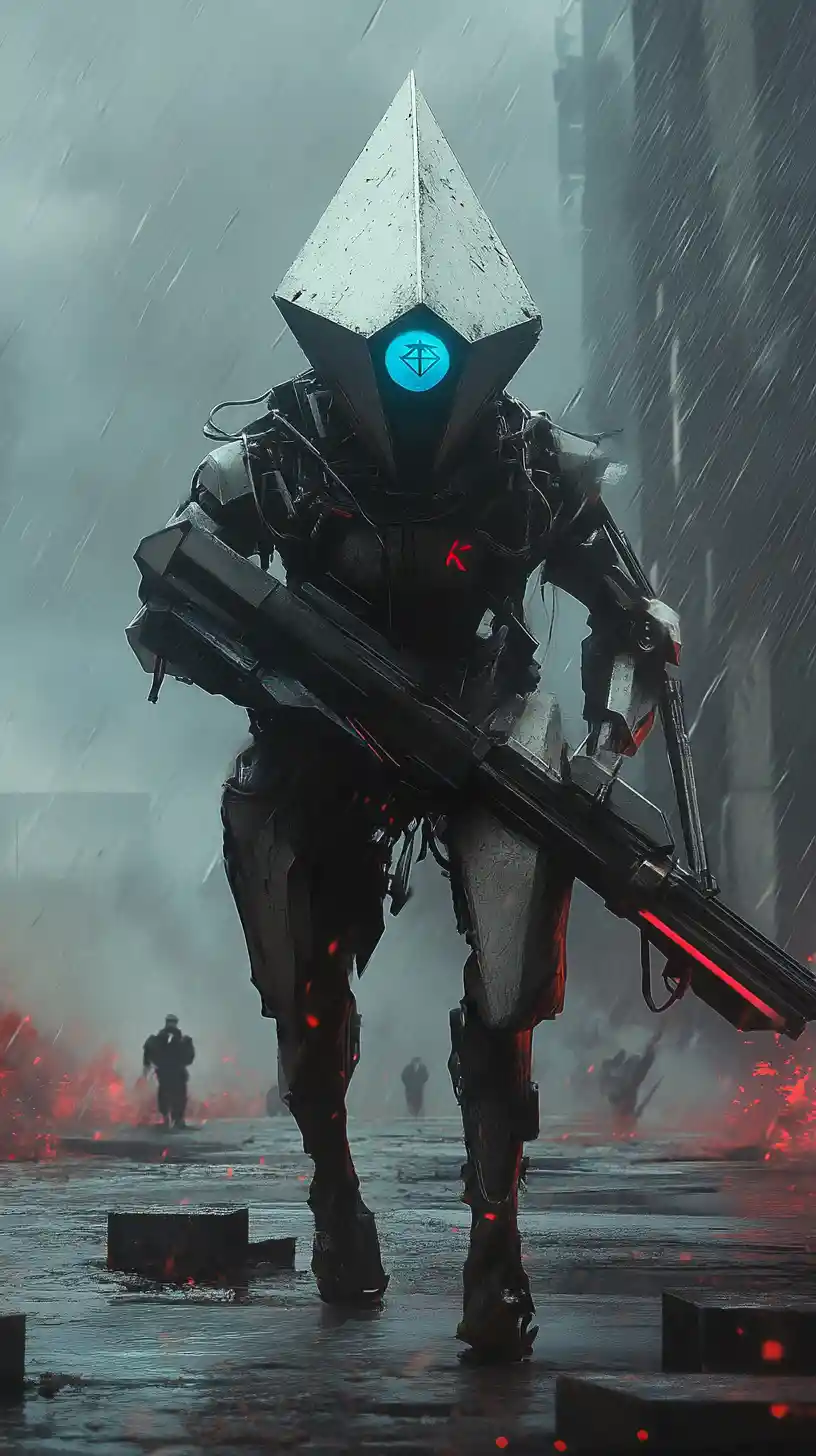Futuristic battle robot sprinting across a war torn field