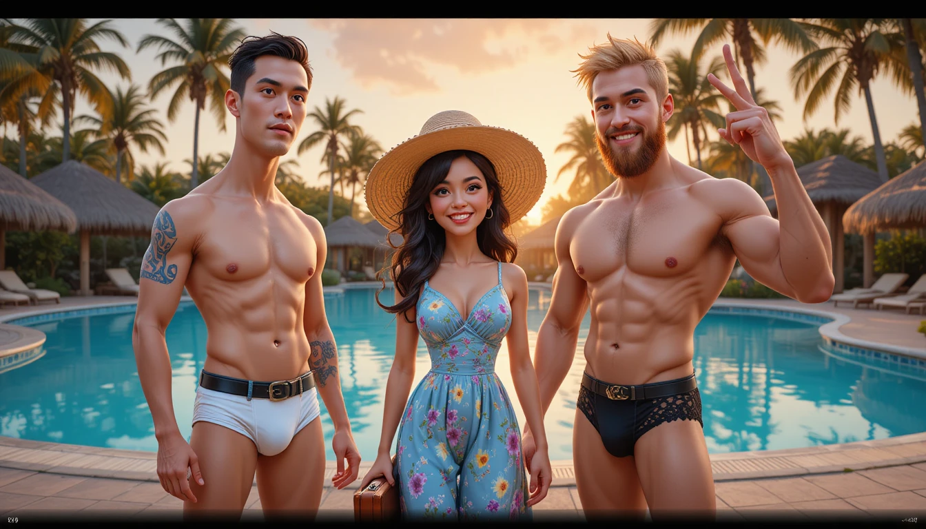 Three stylized travelers by a tropical resort pool at sunset