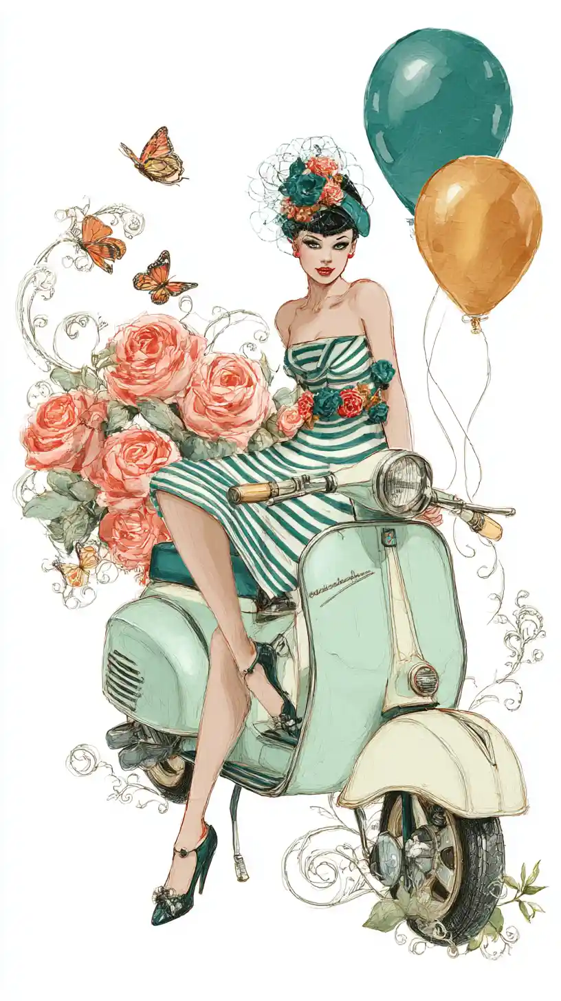 Elegant woman on vintage scooter among roses and balloons