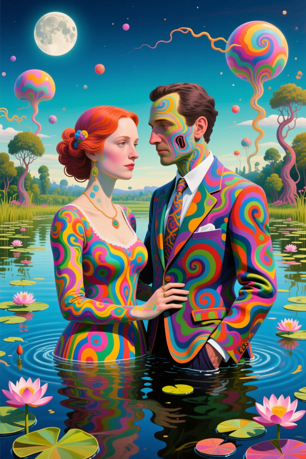 Surreal couple in a vivid imaginative pond scene