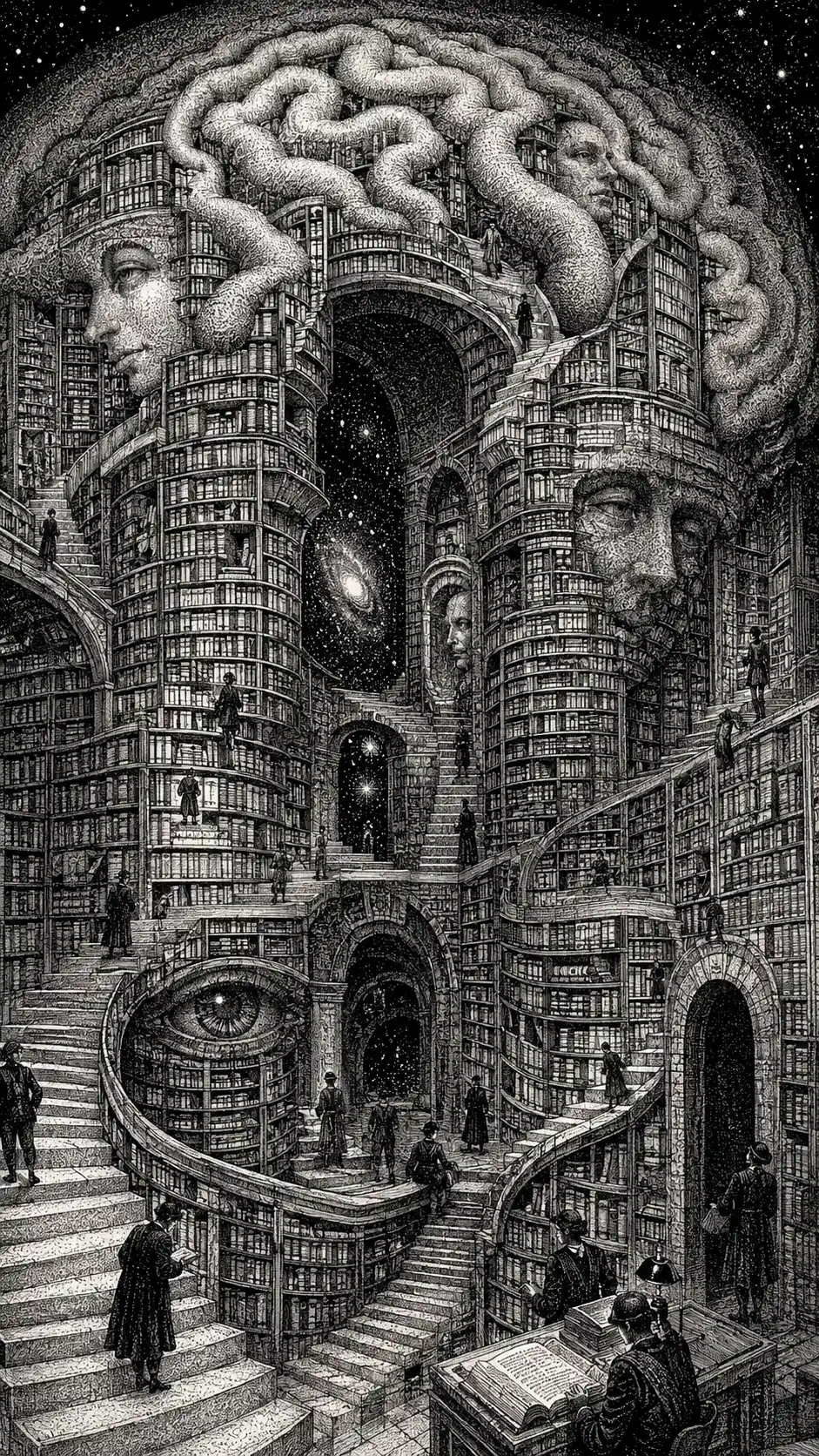 Vast ink drawn library forming the folds of a human mind