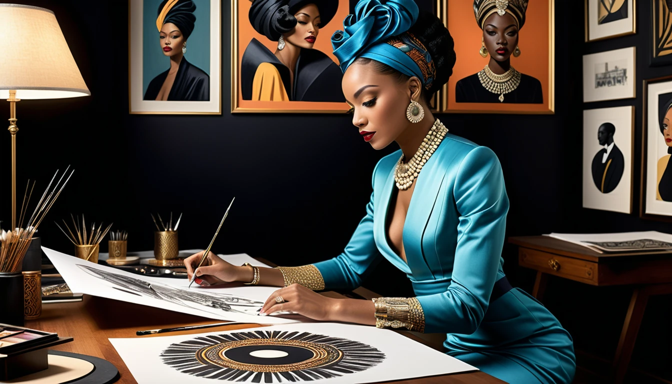 Regal fashion designer sketching in a couture studio