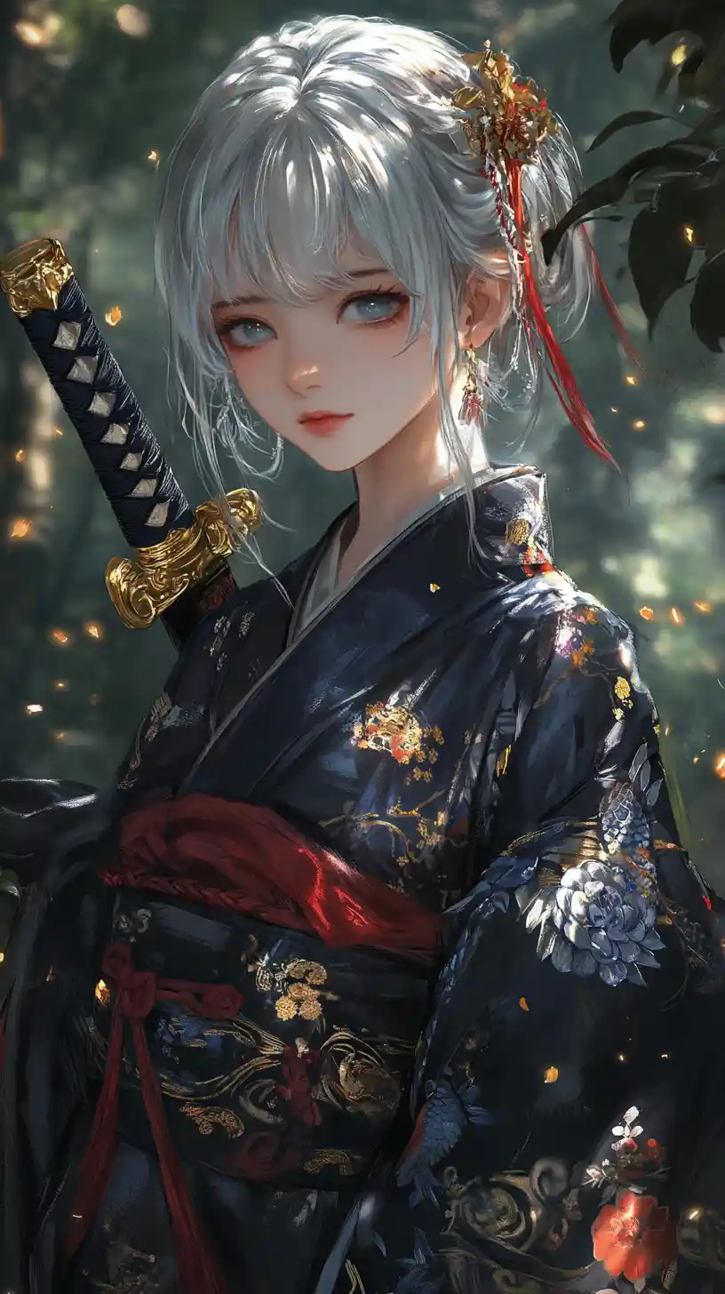 Silver haired swordswoman in a dragon kimono in forest
