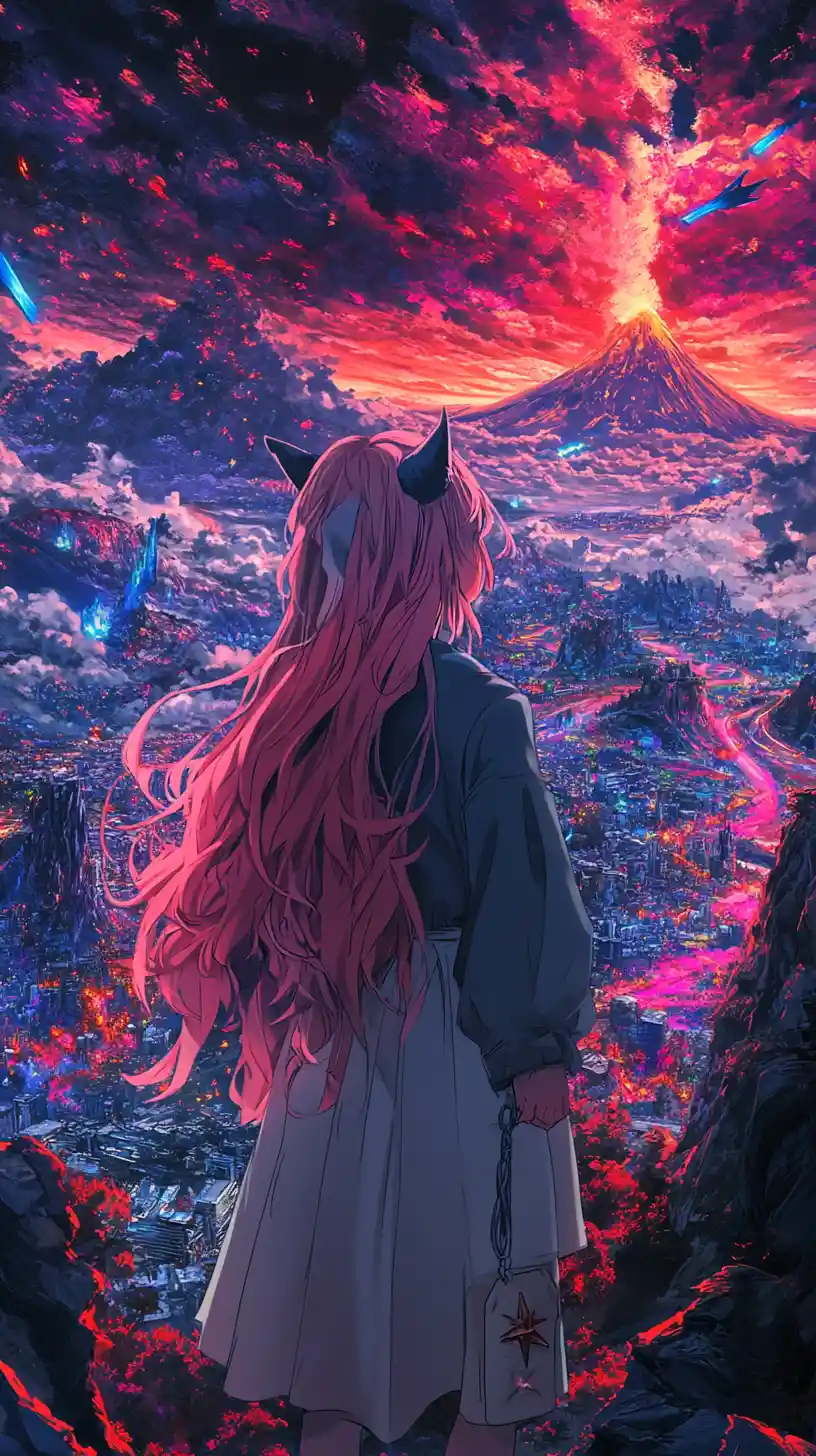Anime girl in a shattered world of colorful triangles