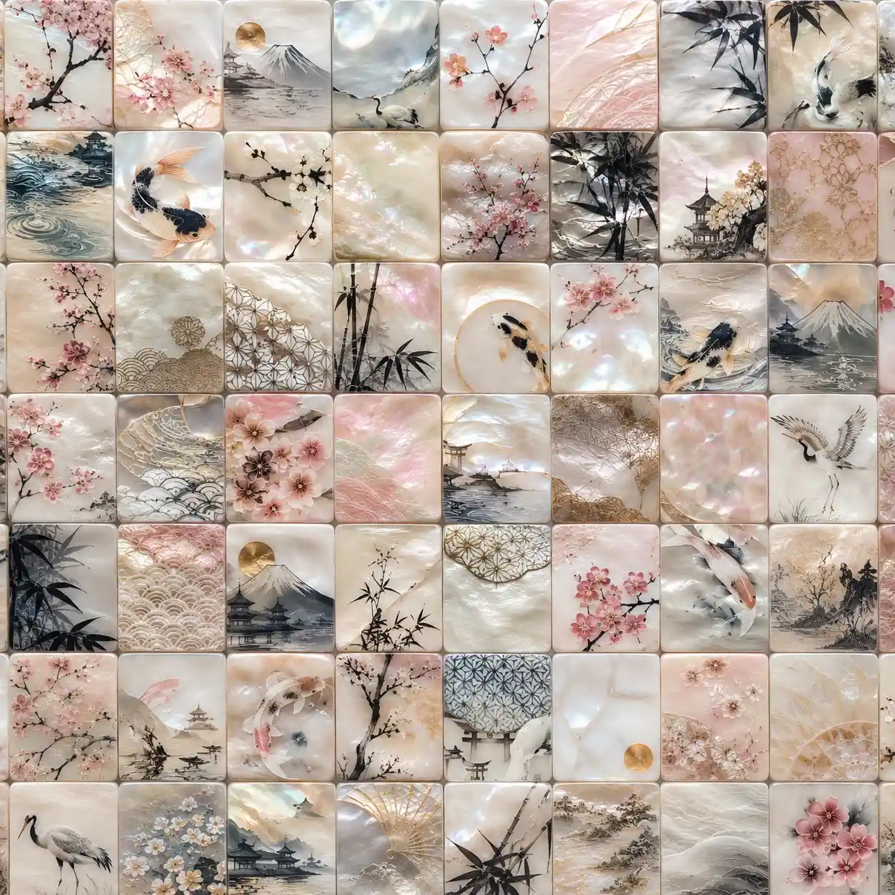 Close up of square mosaic tiles with japanese motifs
