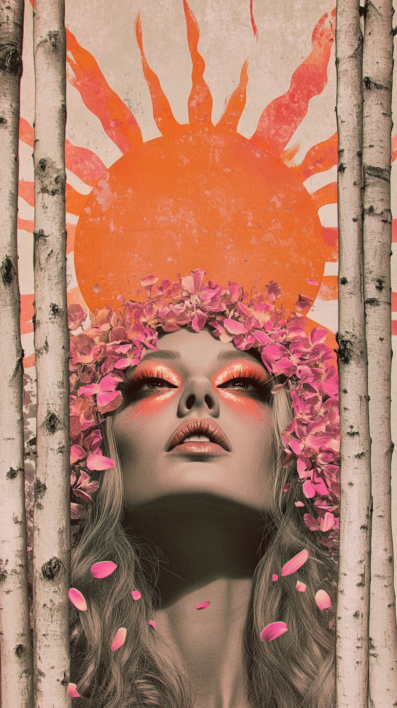 Whimsical surreal woman with petals and glowing pink sun