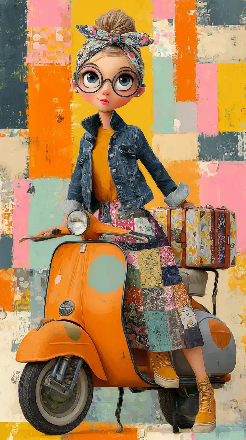 Whimsical girl riding a vintage scooter with patchwork art