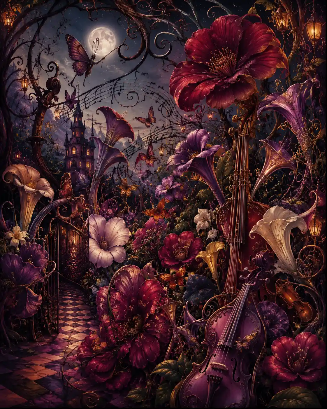 Gigantic musical flowers in a moonlit fantasy garden