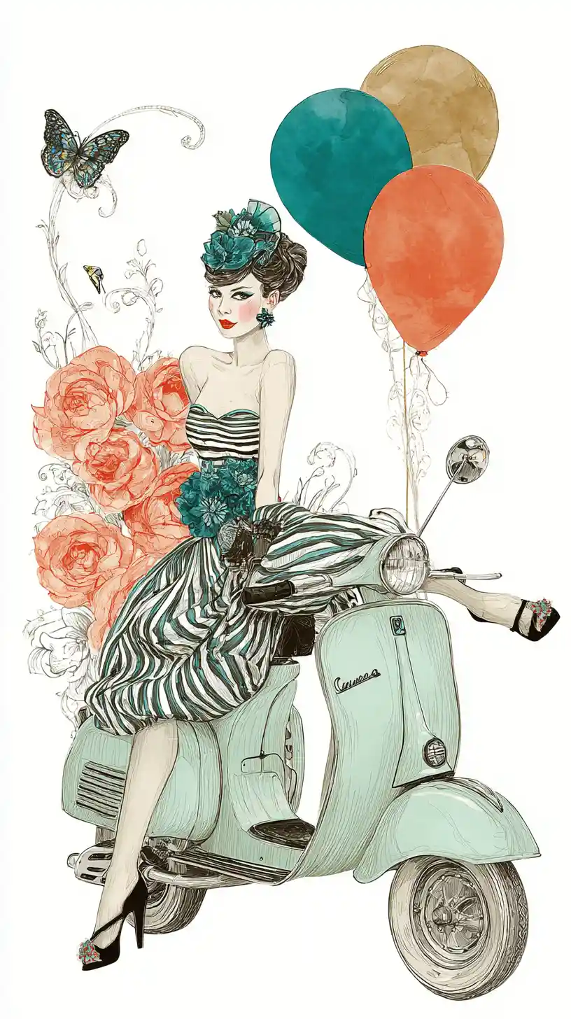 Elegant vintage woman on Vespa with roses and balloons