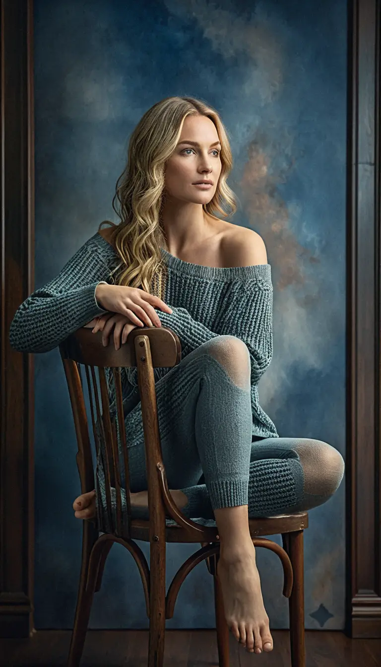 Blonde woman in knit sweater posed on wooden chair