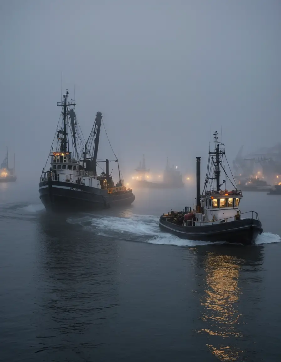 Rimorchiatore che naviga nella fitta nebbia di un porto trafficato
