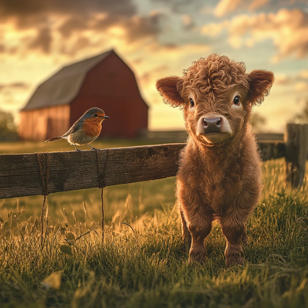 Fluffy baby calf sniffing robin by rustic farm fence